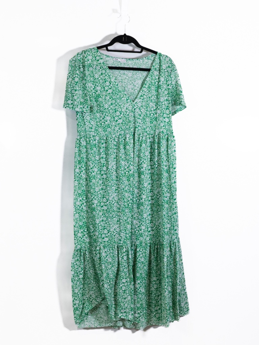 Zara Green White Floral Flower Print Pattern V Neck Tiered Pullover Maxi Dress S